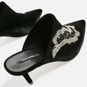 ZARA RARE VELVET BEADED POINTED MULES HEELS BLACK NEW WITH TAGS US 6.5 EUR 37